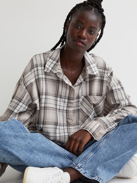 

H&M Women Beige Checked Cotton Wide Shirt