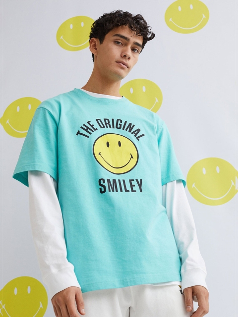 

H&M Men Turquoise Blue Relaxed Fit Printed T-shirt