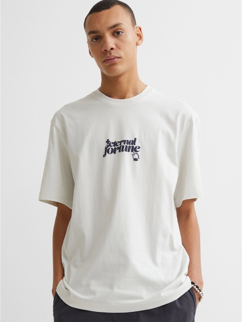 

H&M Men White Cotton Relaxed Fit Printed T-shirt