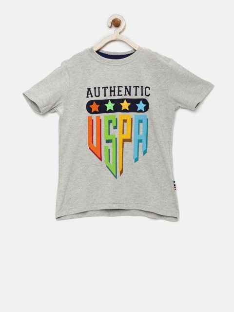 

U.S. Polo Assn. Kids Boys Grey Melange Printed Pure Cotton T-shirt