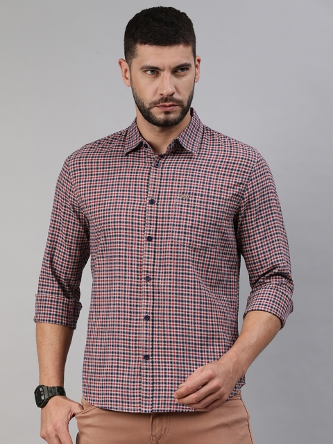 

abof Men Red And Navy Blue Slim Fit Micro Checked Pure Cotton Casual Shirt