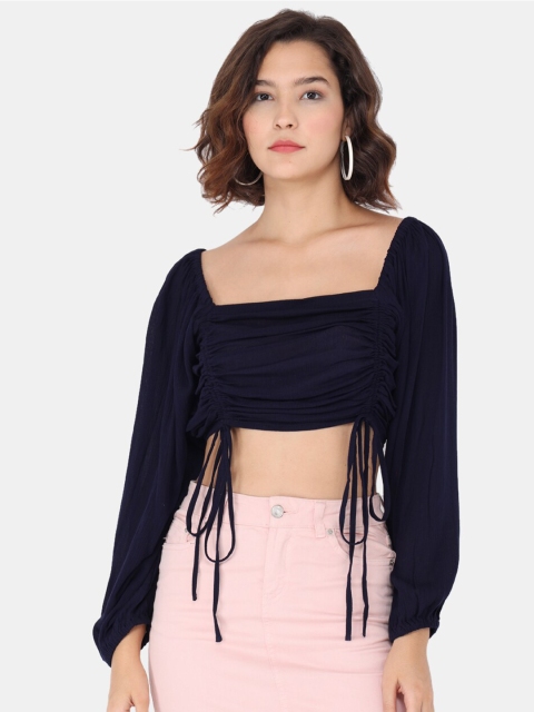 

Trend Arrest Navy Blue Crepe Crop Solid Ruched Top
