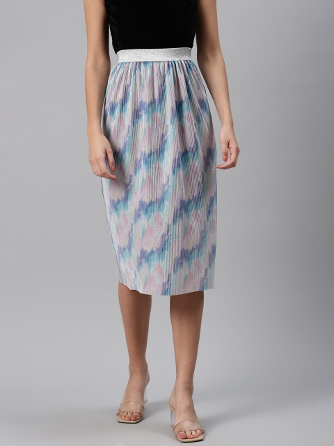 

Trend Arrest Women Pink & Blue Printed Accordion Pleated A-Line Knee-Length Skirt
