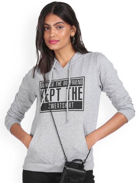 

Sugr Women Grey Drawstring Hooded Long Sleeves Printed Sweatshirt