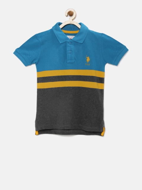 

U.S. Polo Assn. Kids Boys Blue & Grey Colourblocked & Striped Polo Collar T-shirt