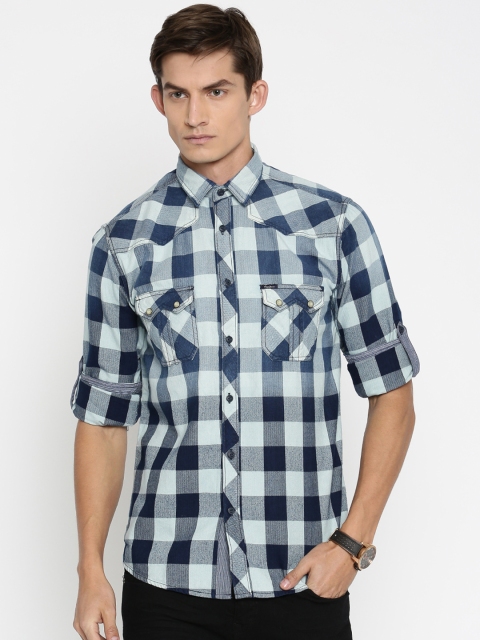 

Pepe Jeans Men Navy Blue Tailored Fit Checked Casual Shirt