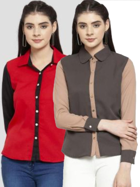 

armure Women Set of 2 Red & Brown Colourblocked Casual Shirt