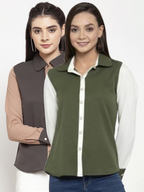 

armure Women Pack of 2 Green & Brown Colourblocked Casual Shirt