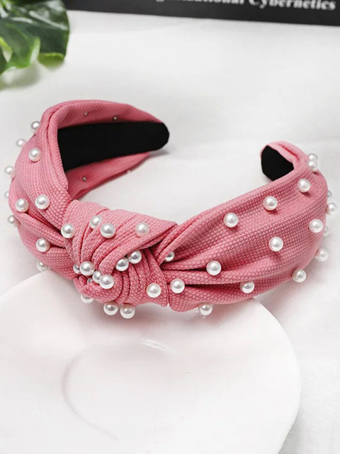 

Vembley Women Pink & White Pearl Embellished Knot Hairband