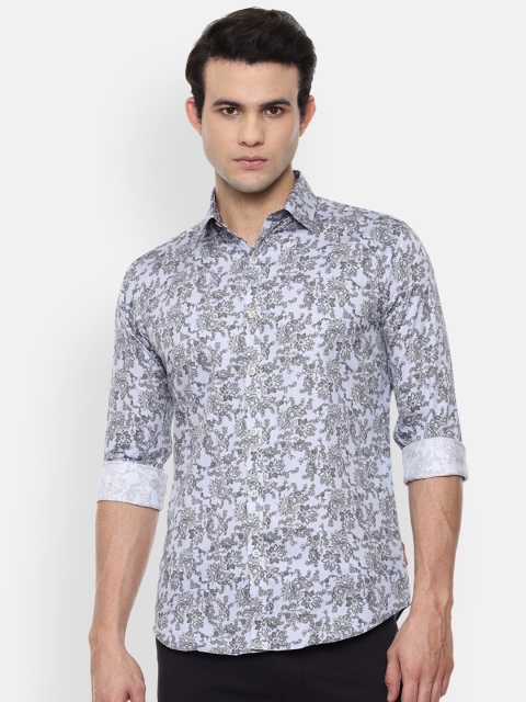 

V Dot Men White Slim Fit Floral Printed Casual Cotton Shirt