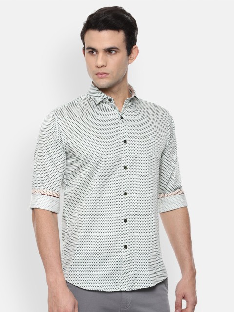 

V Dot Men White & Green Slim Fit Opaque Printed Casual Shirt