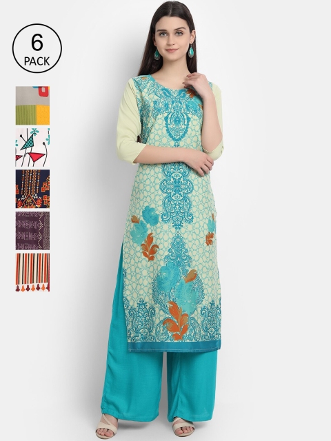 

7Threads Women Pack of 6 Printed Crepe Kurtas, Blue