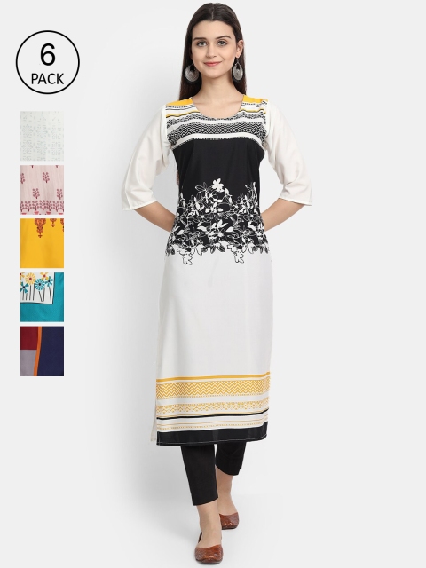 

7Threads Women Pack Of 6 Printed Crepe Kurtas, White