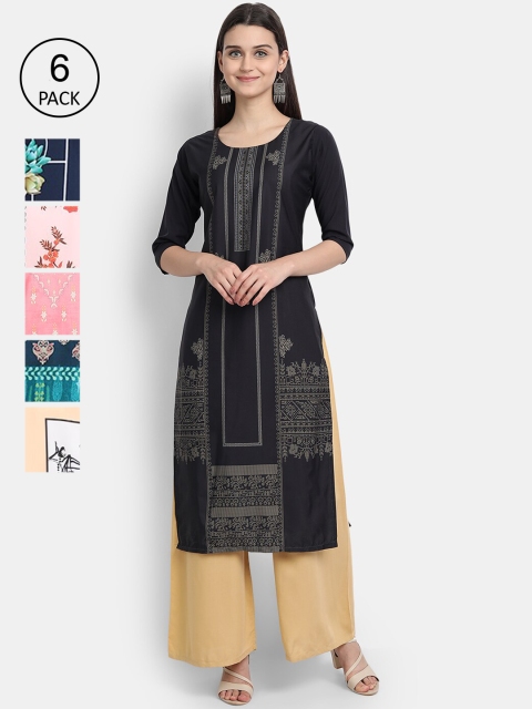 

7Threads Women Multicoloured Geometric Striped Thread Work Crepe Kurta, Multi