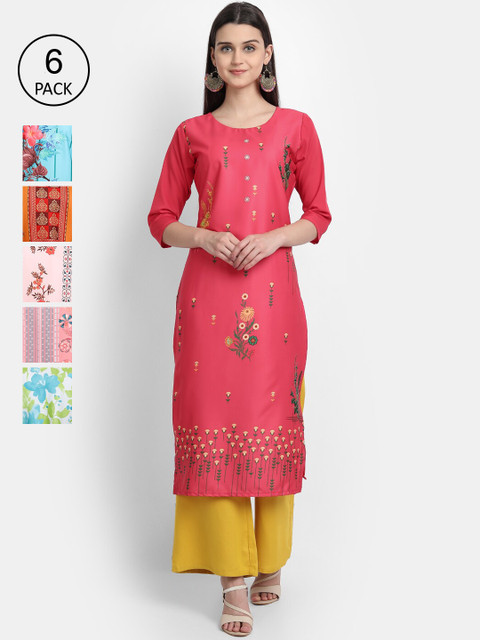 

7Threads Women Pack Of 6 Multicoloured Ethnic Motifs Printed Crepe Kurtas, Multi