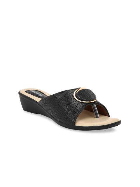 

FOOTSOUL Black Textured PU Wedge Sandals