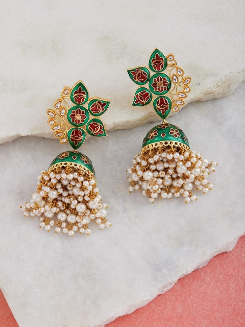 

ZeroKaata Green Gold-Plated Contemporary Meenakari Jhumkas Earrings