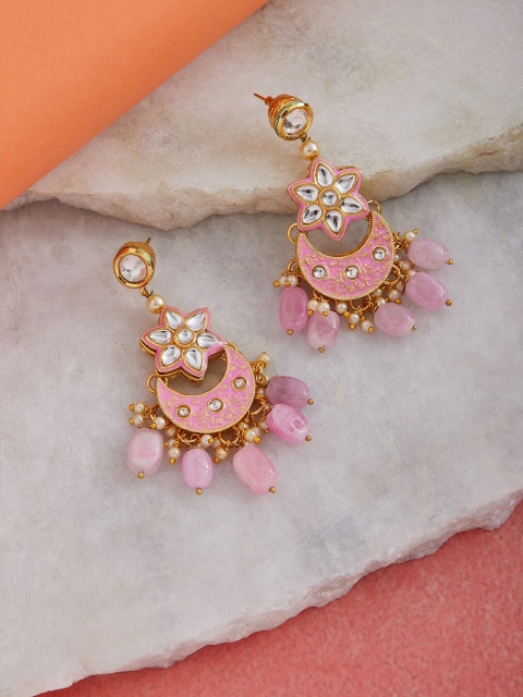 

ZeroKaata Emerald Gold-Toned Pink Kundan & Meena Studded Drop Earrings