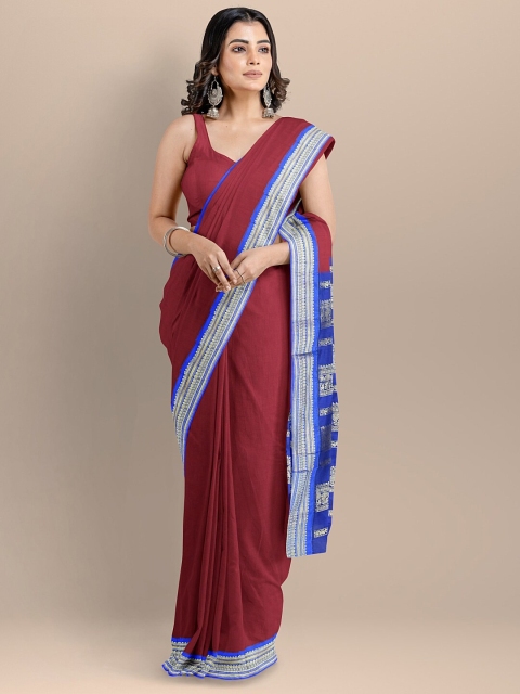 

BharatSthali Maroon & Blue Silk Cotton Maheshwari Saree