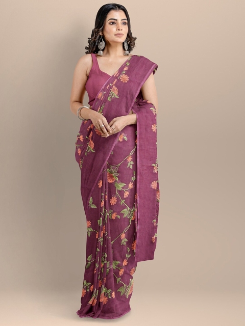 

BharatSthali Magenta & Green Floral Embroidered Pure Cotton Maheshwari Saree