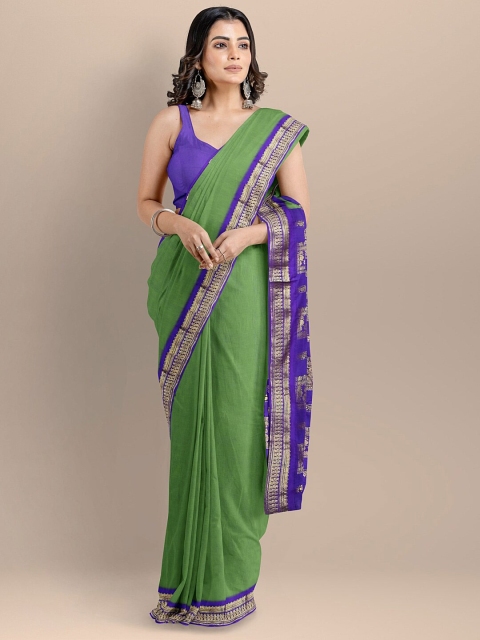 

BharatSthali Green & Blue Zari Silk Cotton Maheshwari Handloom Saree
