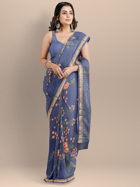 

BharatSthali Blue & Coral Floral Zari Silk Cotton Maheshwari Saree