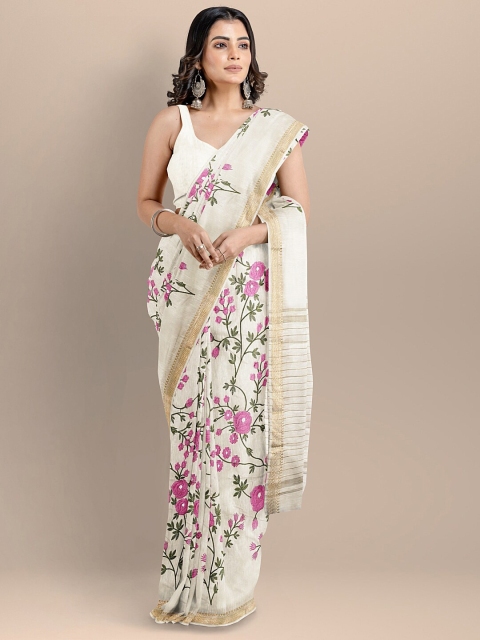 

BharatSthali Off White & Pink Floral Embroidered Maheshwari Saree