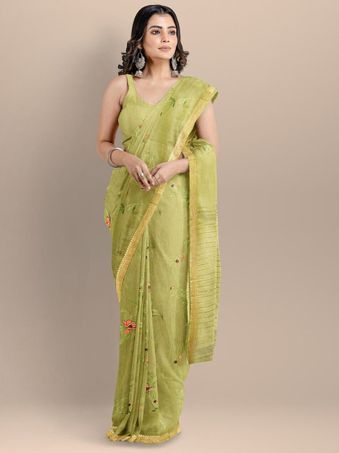 

BharatSthali Green & Gold-Toned Floral Zari Silk Cotton Maheshwari Handloom Saree