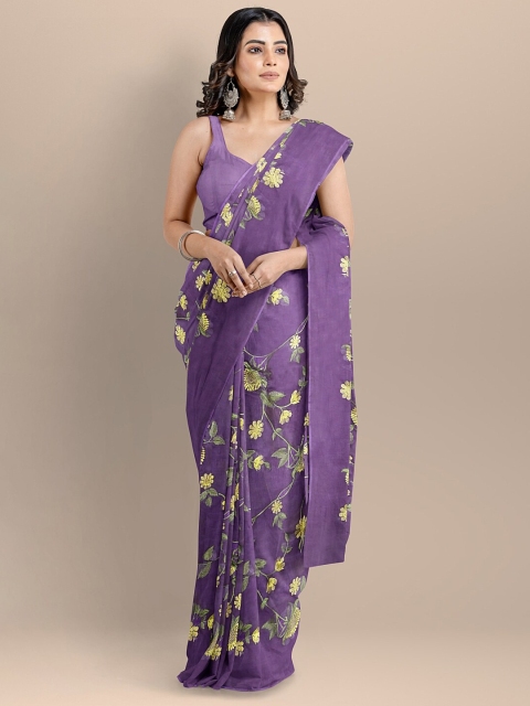 

BharatSthali Purple & Yellow Floral Pure Cotton Maheshwari Saree