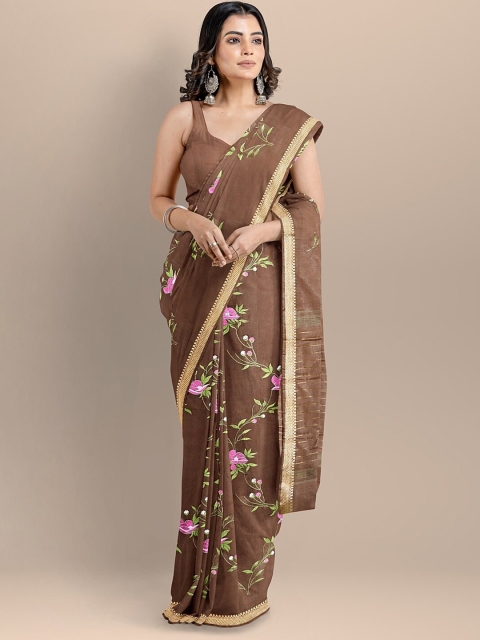 

BharatSthali Brown & Pink Floral Zari Silk Cotton Maheshwari Saree