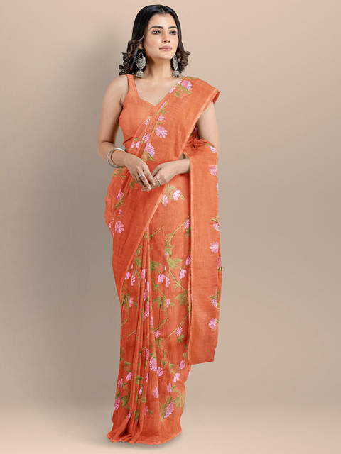 

BharatSthali Orange & Pink Floral Embroidered Pure Cotton Maheshwari Saree