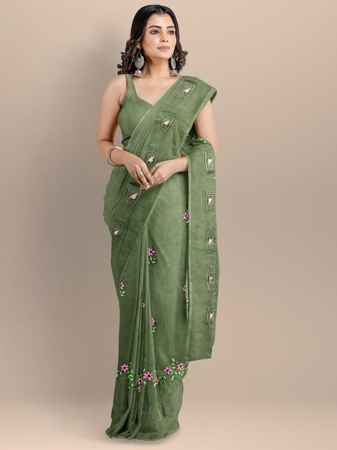 

BharatSthali Green & Pink Floral Embroidered Pure Cotton Maheshwari Saree