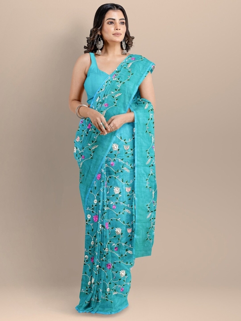 

BharatSthali Blue & Pink Floral Embroidered Pure Cotton Maheshwari Saree