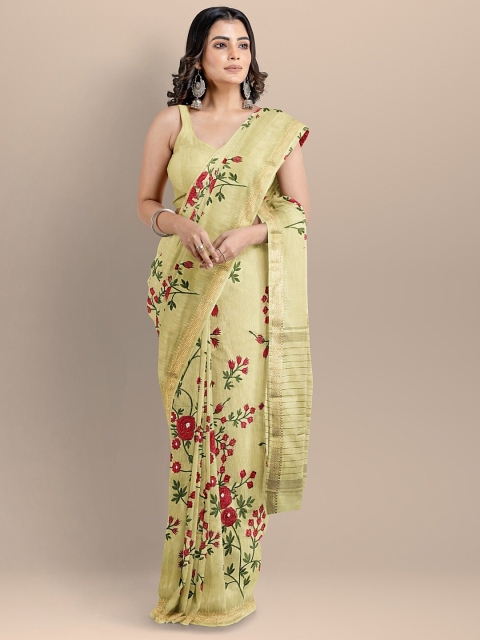 

BharatSthali Beige & Red Floral Zari Silk Cotton Maheshwari Saree