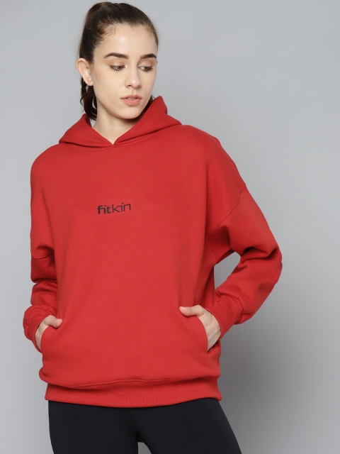 

Fitkin Women Red Cotton Brand Logo Print Fleece Hooded Sweatshirt
