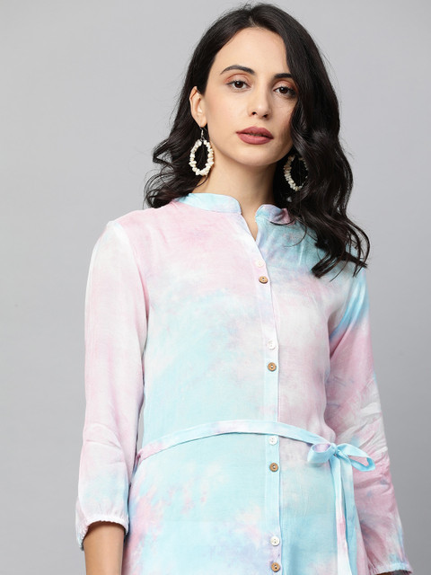 

FASHOR Women Blue & Pink Tie-Dye Printed Multi Slit Straight Kurta