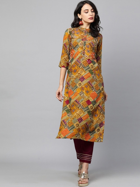 

FASHOR Women Multicoloured Ethnic Mix Printed & Embroidered Straight Kurta, Multi