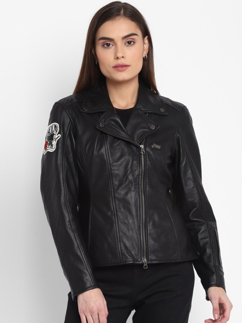 

Royal Enfield Women Black Solid Leather Biker Jacket with Patchwork