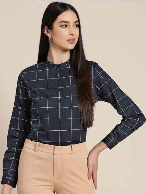 

Hancock Women Navy Blue Slim Fit Windowpane Checks Checked Formal Shirt