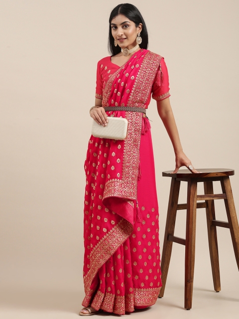 

Mitera Pink Ethnic Motifs Beads and Stones Satin Saree