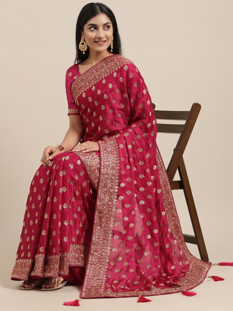

Mitera Pink Ethnic Motifs Beads and Stones Satin Saree