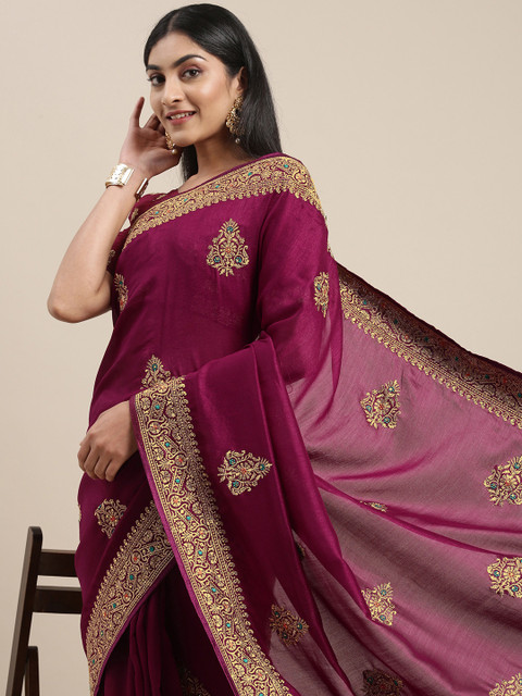 

Mitera Magenta Ethnic Motifs Silk Blend Saree