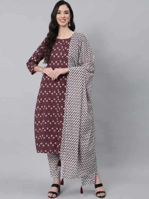 

Anubhutee Women Maroon Ethnic Motifs Printed Pure Cotton Kurti with Palazzos & With Dupatta