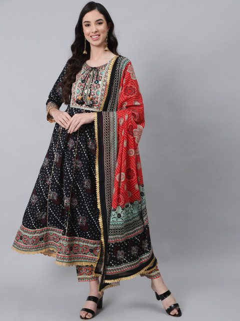 

Anubhutee Women Black Ethnic Motifs Printed Pure Cotton Kurta with Palazzos & Dupatta
