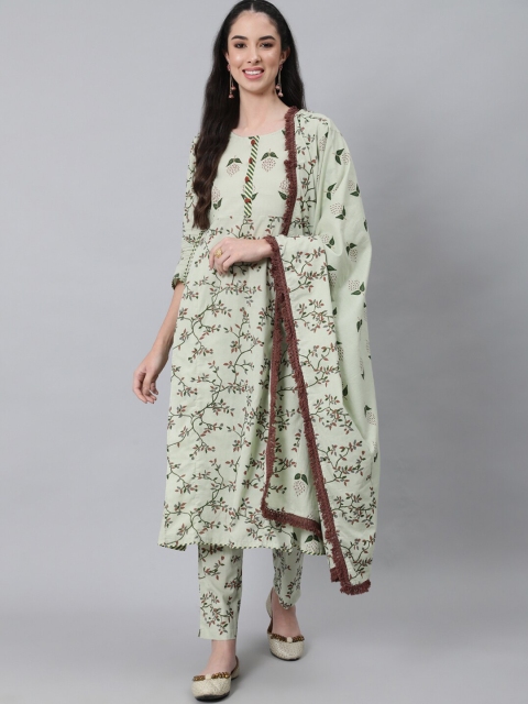 

Anubhutee Women Green Floral Printed Pleated Pure Cotton Kurta with Trousers & With Dupatta