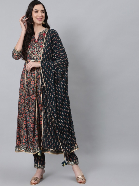 

Anubhutee Women Green Floral Printed Gotta Patti Pure Cotton Kurta with Trousers & With Dupatta