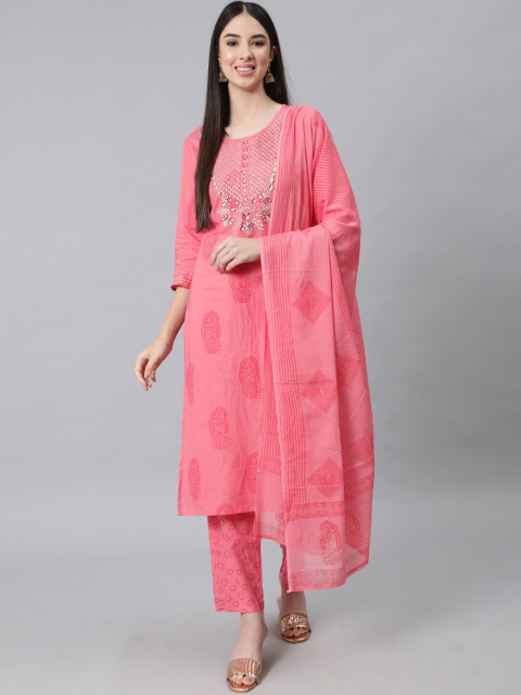 

Anubhutee Women Pink Ethnic Motifs Printed Gotta Patti Pure Cotton Kurta with Trousers & With Dupatta