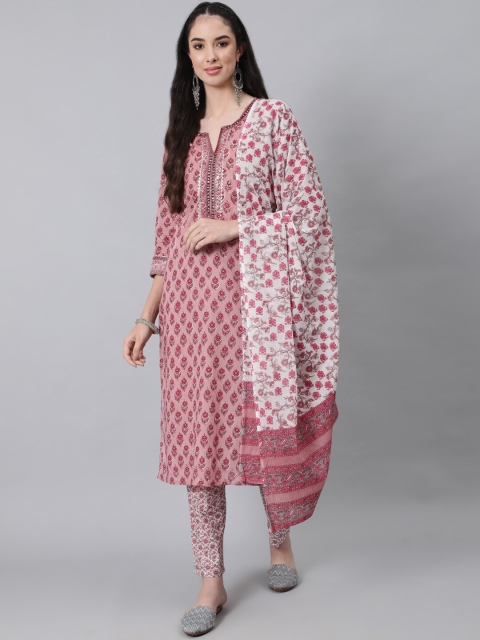 

Anubhutee Women Peach-Coloured Floral Printed Pure Cotton Kurta with Churidar & With Dupatta