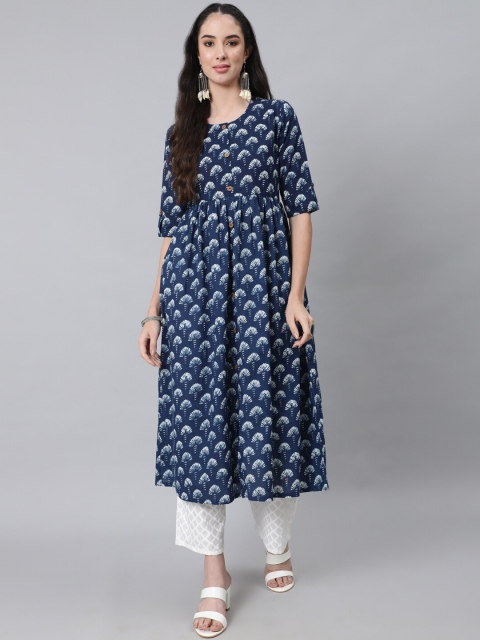 

Anubhutee Women Navy Blue Ethnic Motifs Printed Panelled Kurta with Palazzos