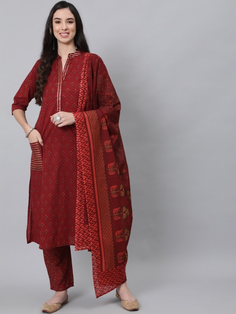 

Anubhutee Women Maroon Floral Printed Pure Cotton Kurta with Trousers & With Dupatta